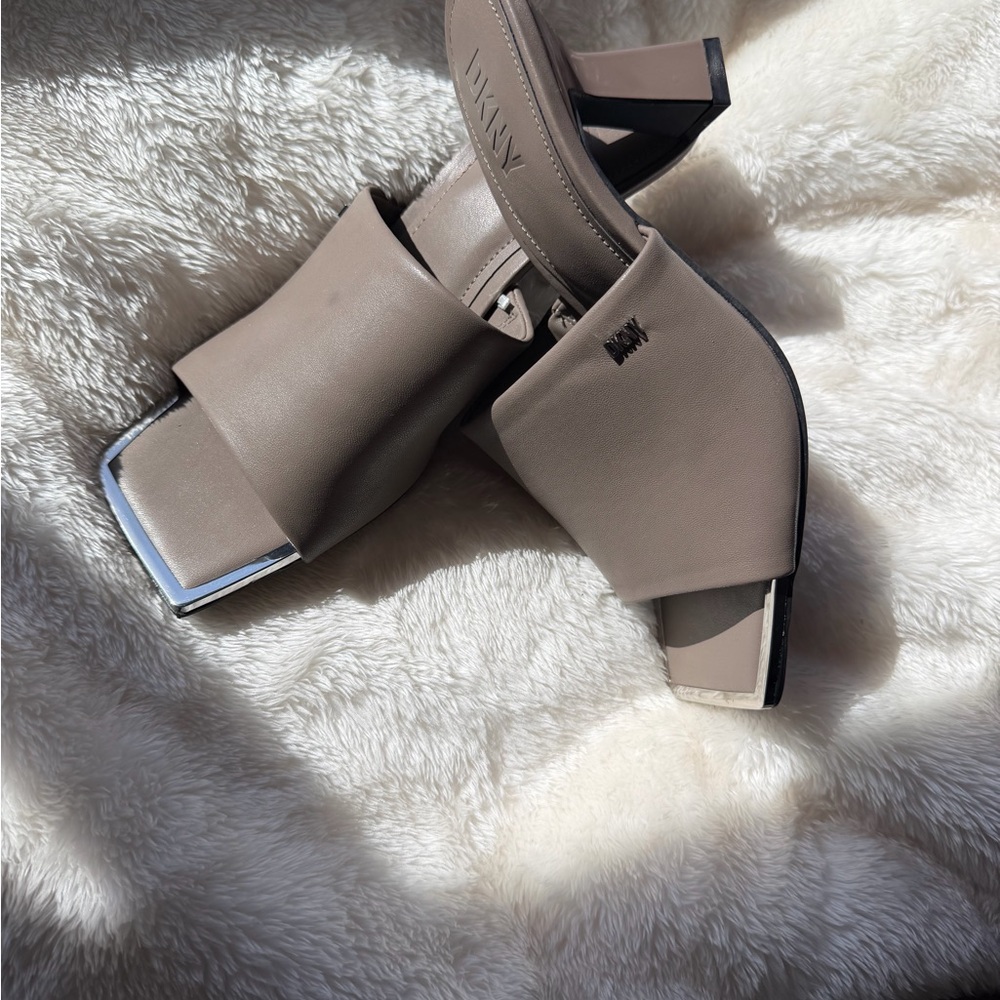 DKNY Taupe Mules with Silver Accents